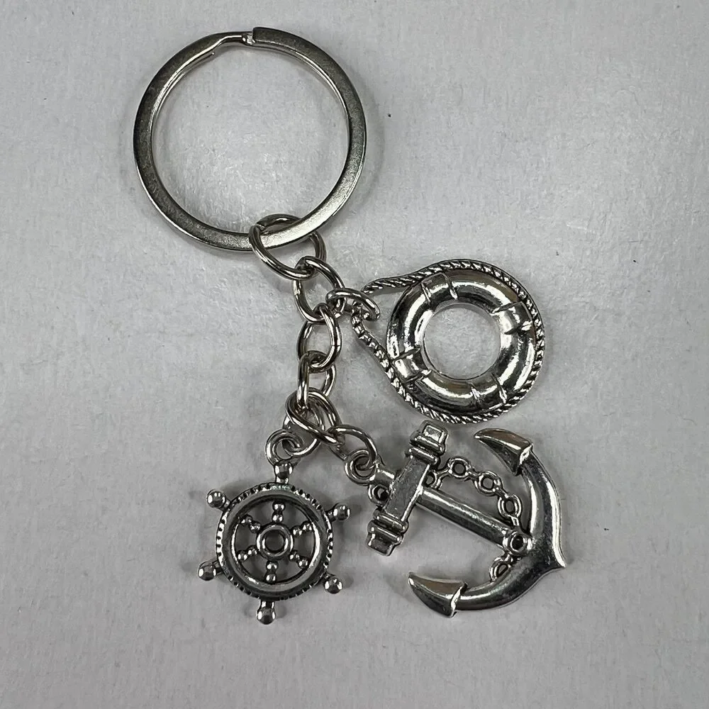 Vintage Silver Nautical Anchor Ship Wheel Life Ring Keychain Bag Charm Y2K